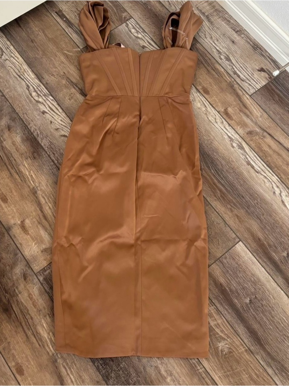 House of CB Chestnut Brown Satin Draped Midi Dress - Picture 3 of 4